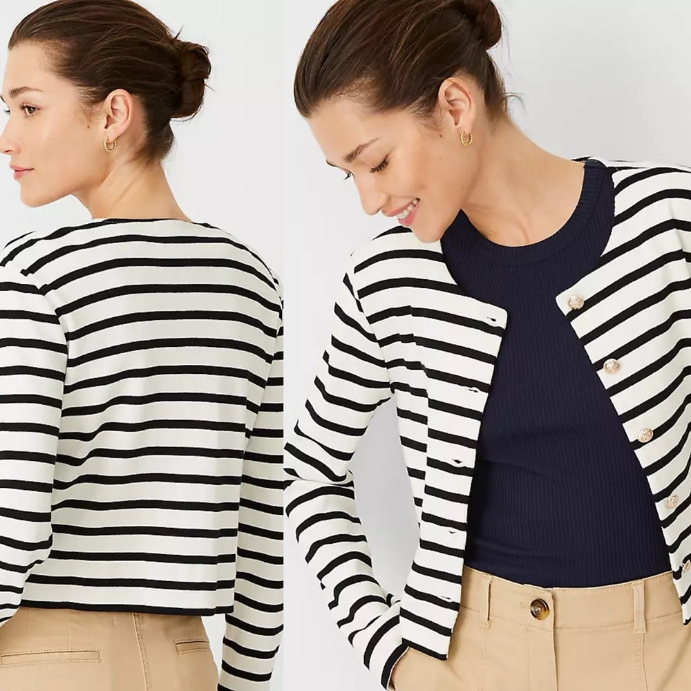 Ann Taylor Weekend Striped Crew Neck Knit Jacket